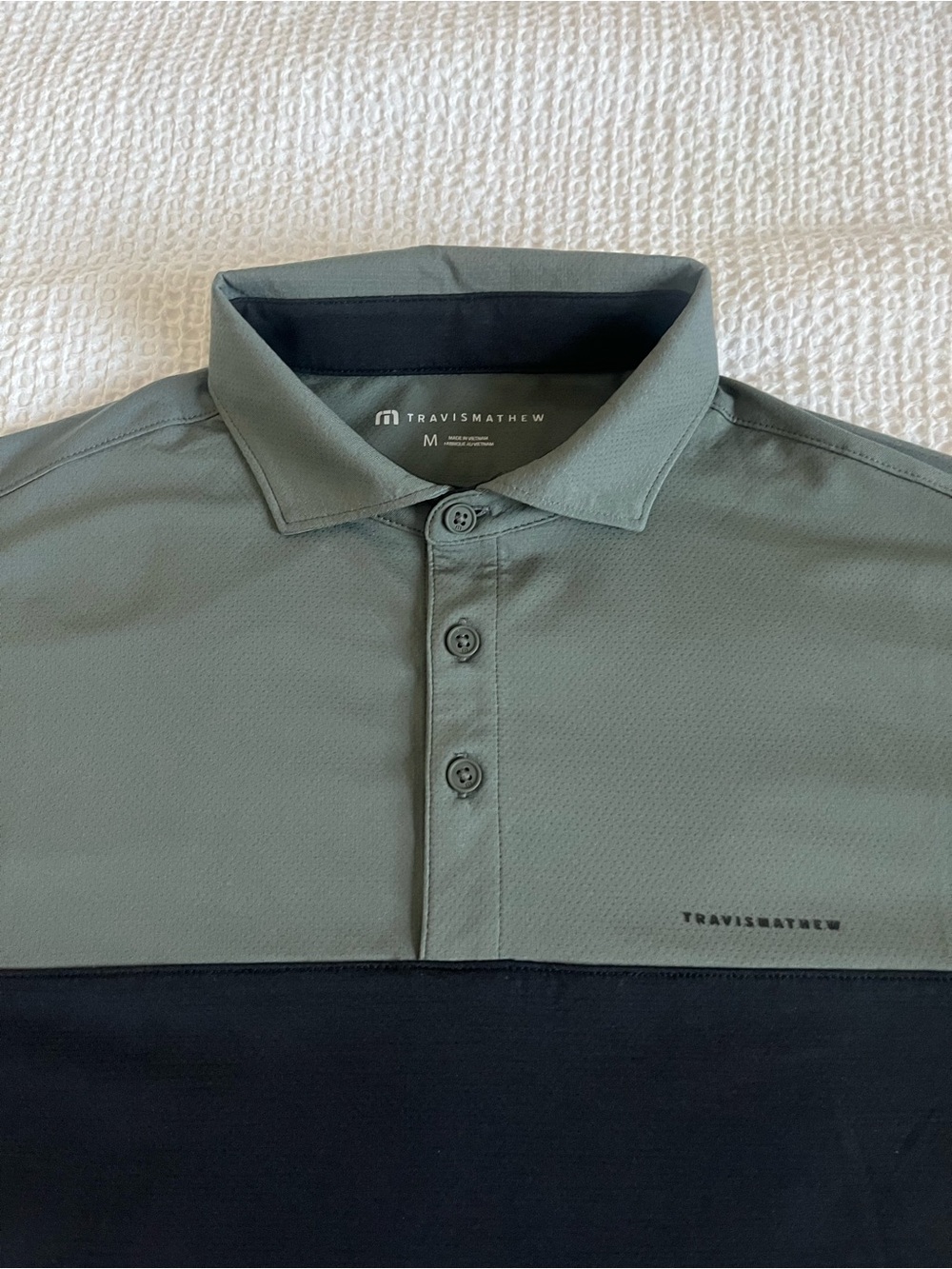 Travis Mathew Heater Pro Color Block Polo in Dark Olive - Picture 9 of 10
